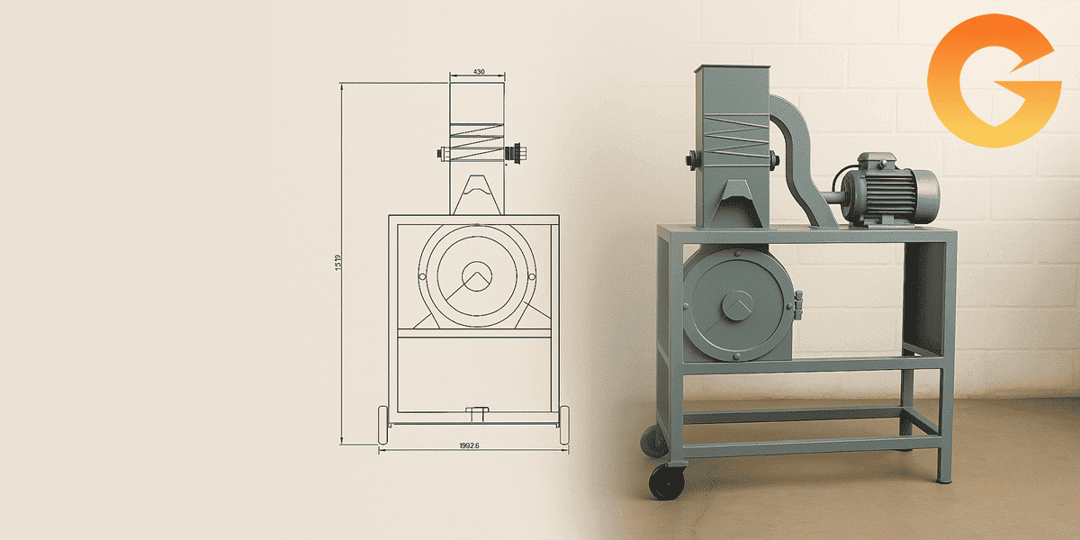 Transición visual de un plano técnico industrial a una máquina real metálica, mostrando de izquierda a derecha cómo el diseño en líneas se transforma gradualmente en el equipo físico con un efecto de difuminado suave y profesional