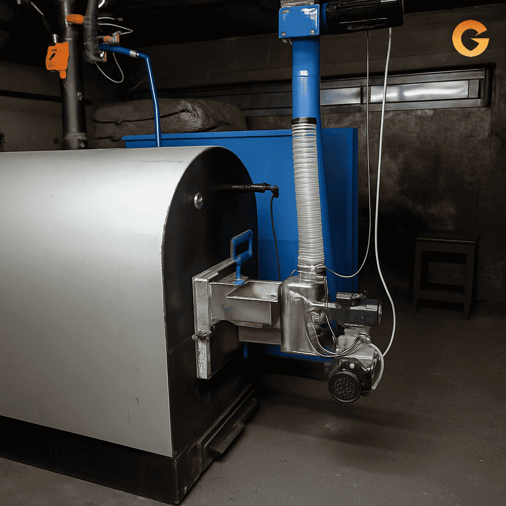 Caldera industrial con sistema de alimentación automática de pellets, mostrando el quemador metálico, el conducto flexible y el depósito azul de combustible en una sala técnica.