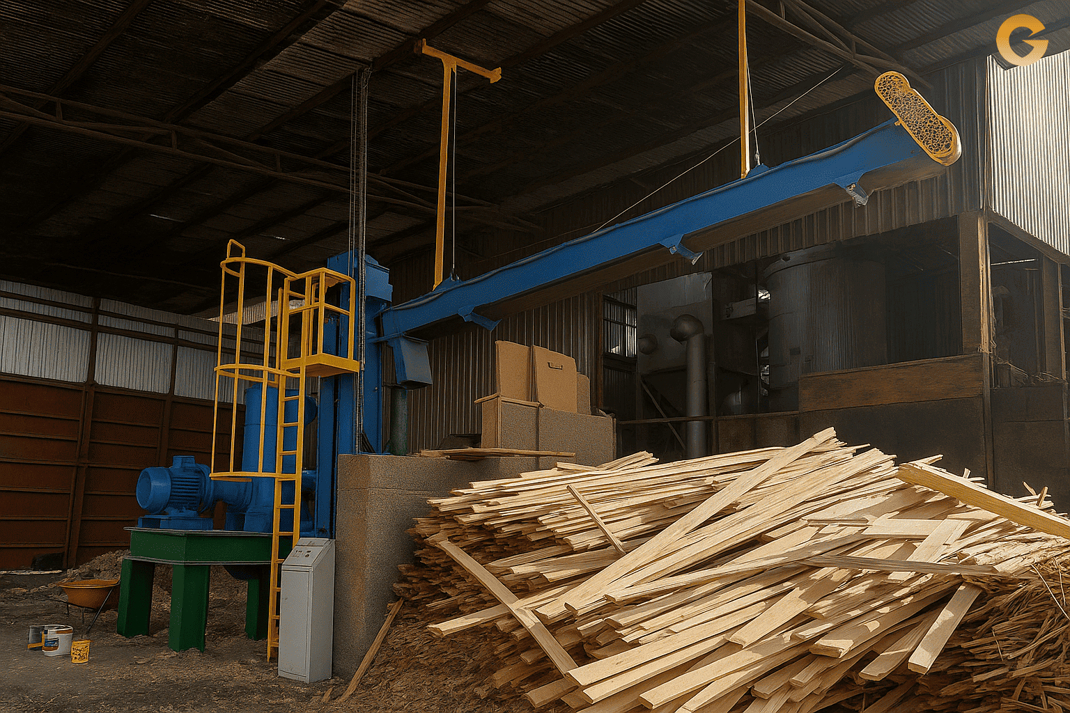 Sistema industrial de transporte y procesamiento de madera con cinta elevadora y acopio de tablones en interior de aserradero